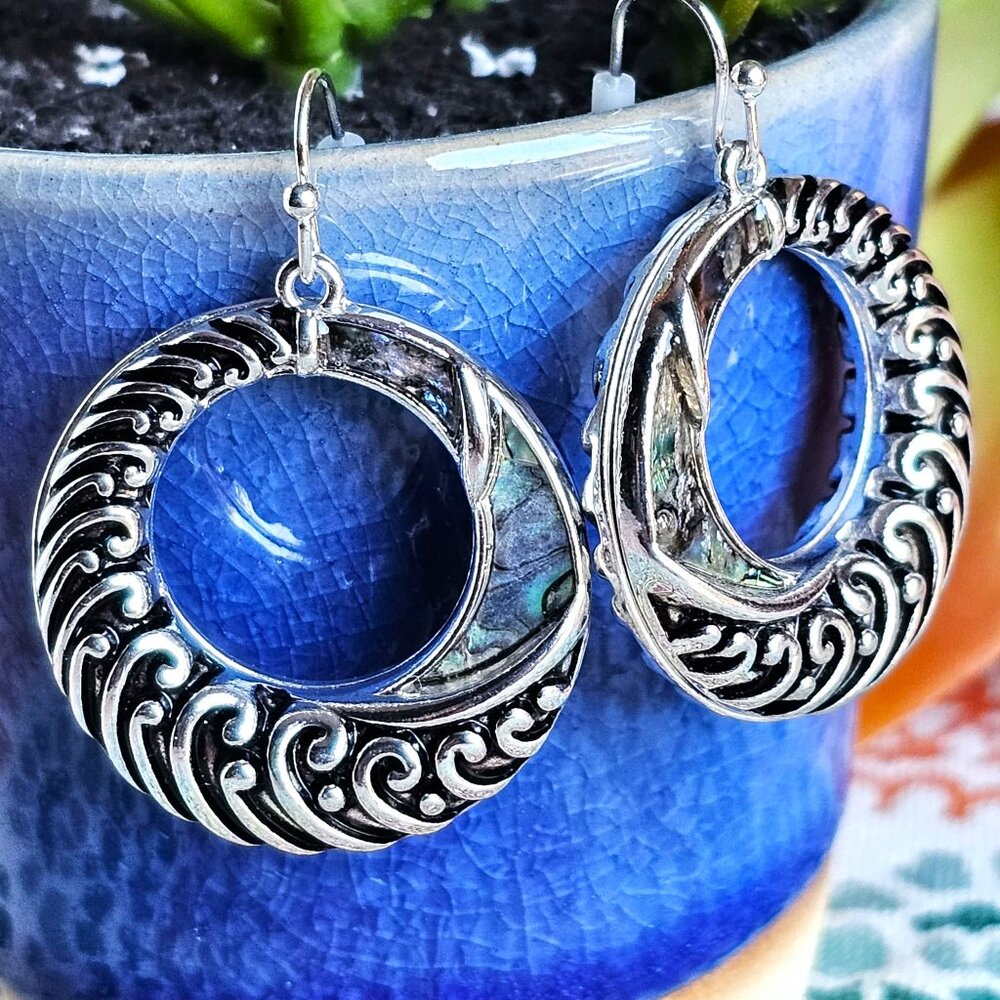 Earrings. Abalone and Silver Hoops. NWT. - Picture 3 of 6